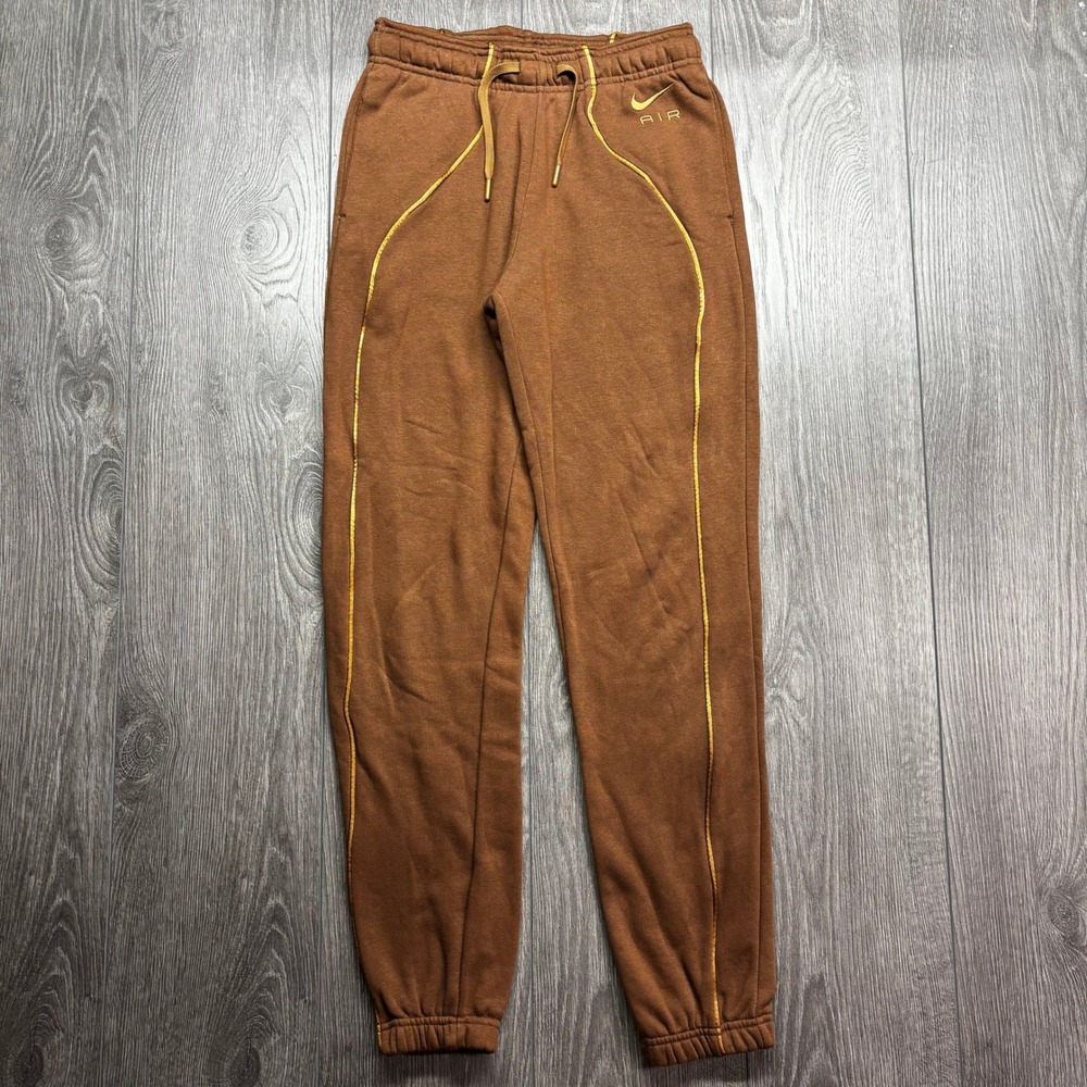 Nike Air Men XS Brown Gold Piping Fleece Joggers Sweatpants Extra Small Gym